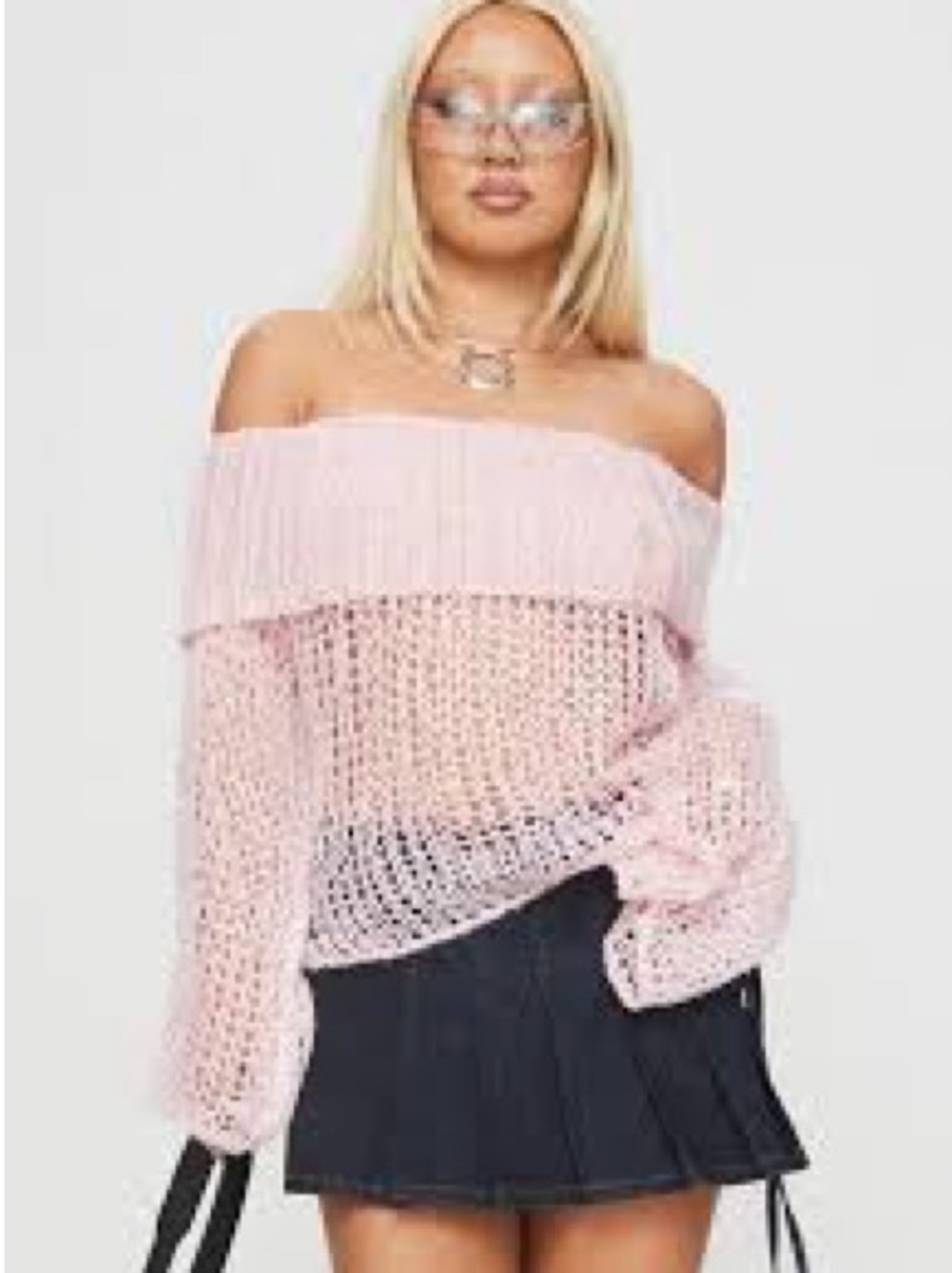 Princess Polly Off-Shoulder Pink Crochet Sweater M/L